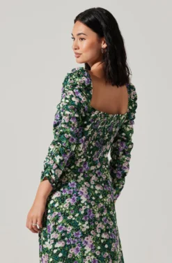 Floral Long Sleeve Twist Keyhole Front Midi Dress -Larana Style Shop ADR100972 GREENPURPLEFLORAL 5 scaled