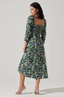 Floral Long Sleeve Twist Keyhole Front Midi Dress -Larana Style Shop ADR100972 GREENPURPLEFLORAL 6 scaled