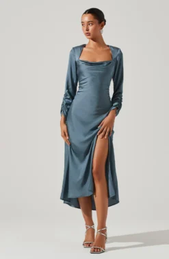 Gracie Long Sleeve Cutout Satin Midi Dress -Larana Style Shop ADR101065 DUSTYBLUE 1 scaled