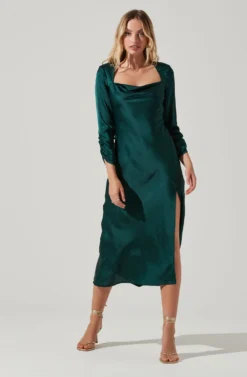 Gracie Long Sleeve Cutout Satin Midi Dress -Larana Style Shop ADR101065 HUNTERGREEN 2 scaled