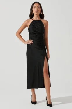 Front Slit Halter Satin Midi Dress -Larana Style Shop ADR101166 BLACK 2103 scaled