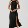 Front Slit Halter Satin Midi Dress