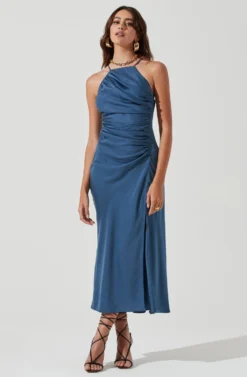 Front Slit Halter Satin Midi Dress -Larana Style Shop ADR101166 STEELBLUE 0464 scaled