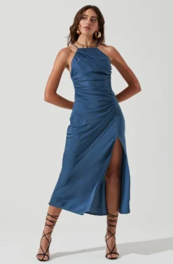Front Slit Halter Satin Midi Dress -Larana Style Shop ADR101166 STEELBLUE 0472 scaled