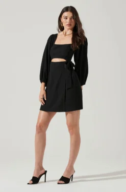 Center Cutout Wrap Skirt Mini Dress -Larana Style Shop ADR101202 BLACK 2 scaled