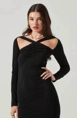 Long Sleeve Cinched Bust Cutout Midi Dress -Larana Style Shop ADR101218 BLACK 0921 scaled