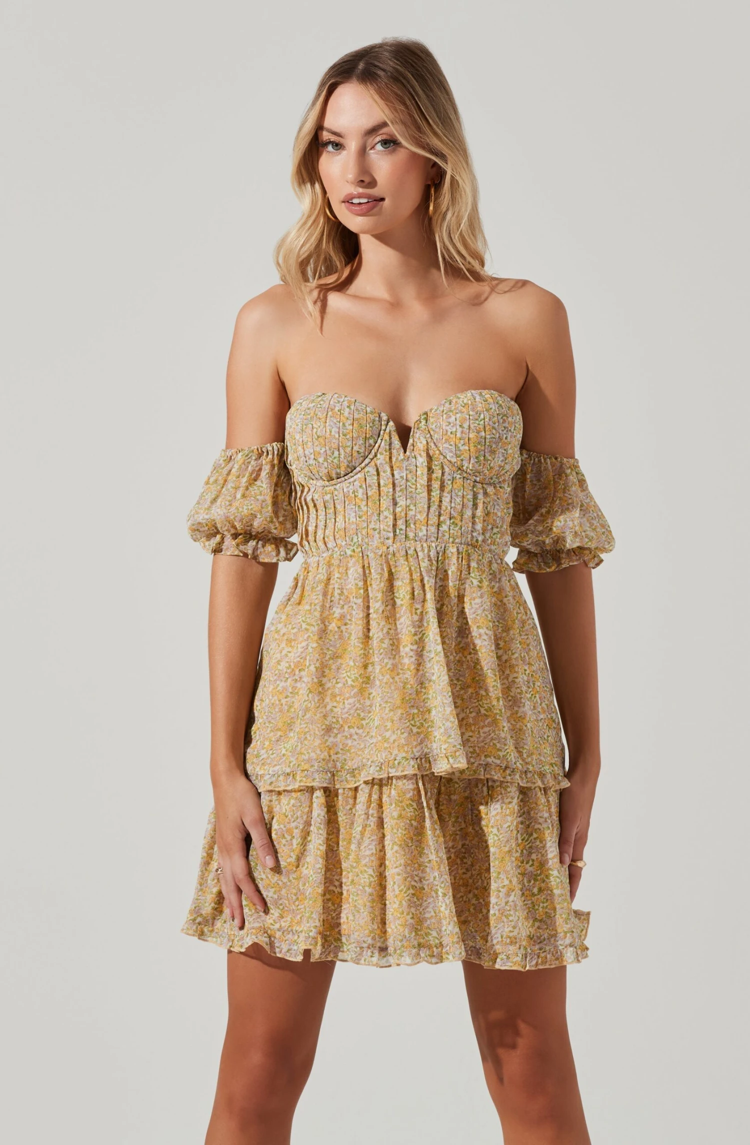 Off Shoulder Two Tier Floral Mini Dress 2 Off Shoulder Two Tier Floral Mini Dress - Image 2