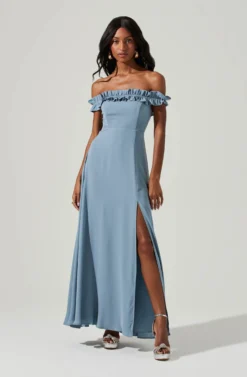Venetia Off Shoulder Ruffle Trim Maxi Dress -Larana Style Shop ADR101300 STEELBLUE 1 scaled