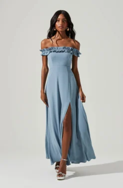 Venetia Off Shoulder Ruffle Trim Maxi Dress -Larana Style Shop ADR101300 STEELBLUE 2 scaled