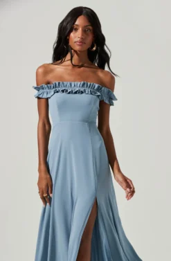 Venetia Off Shoulder Ruffle Trim Maxi Dress -Larana Style Shop ADR101300 STEELBLUE 3 scaled