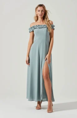Venetia Off Shoulder Ruffle Trim Maxi Dress -Larana Style Shop ADR10130 LIGHTSAGE 0182 10 scaled