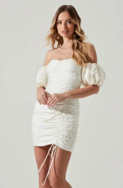 Off Shoulder Ruched Mini Dress -Larana Style Shop ADR101351J WHITE 3 scaled