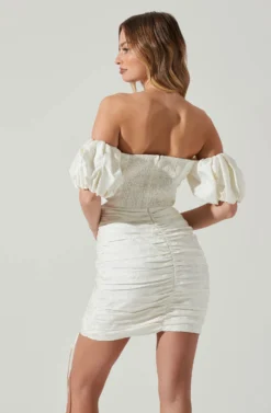 Off Shoulder Ruched Mini Dress -Larana Style Shop ADR101351J WHITE 5 scaled