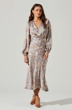 Floral Deep V Long Sleeve Maxi Dress -Larana Style Shop ADR101502 SILVERFLORAL 2 scaled