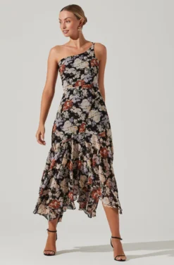 Emmylou Floral One Shoulder Midi Dress -Larana Style Shop ADR101528 BLACKFLORAL 1 scaled