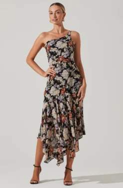 Emmylou Floral One Shoulder Midi Dress -Larana Style Shop ADR101528 BLACKFLORAL 2 scaled