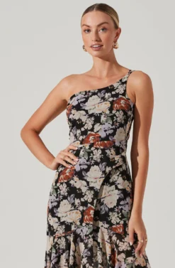 Emmylou Floral One Shoulder Midi Dress -Larana Style Shop ADR101528 BLACKFLORAL 3 scaled