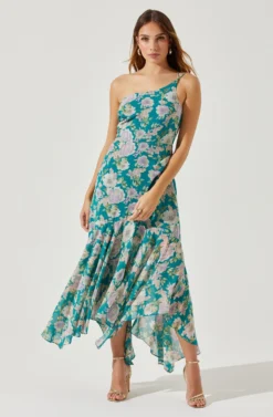 Emmylou Floral One Shoulder Midi Dress -Larana Style Shop ADR101528 GREENPURPLEFLORAL 2 scaled