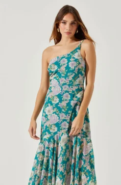 Emmylou Floral One Shoulder Midi Dress -Larana Style Shop ADR101528 GREENPURPLEFLORAL 3 scaled