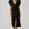 Puff Sleeve V Front Midi Dress