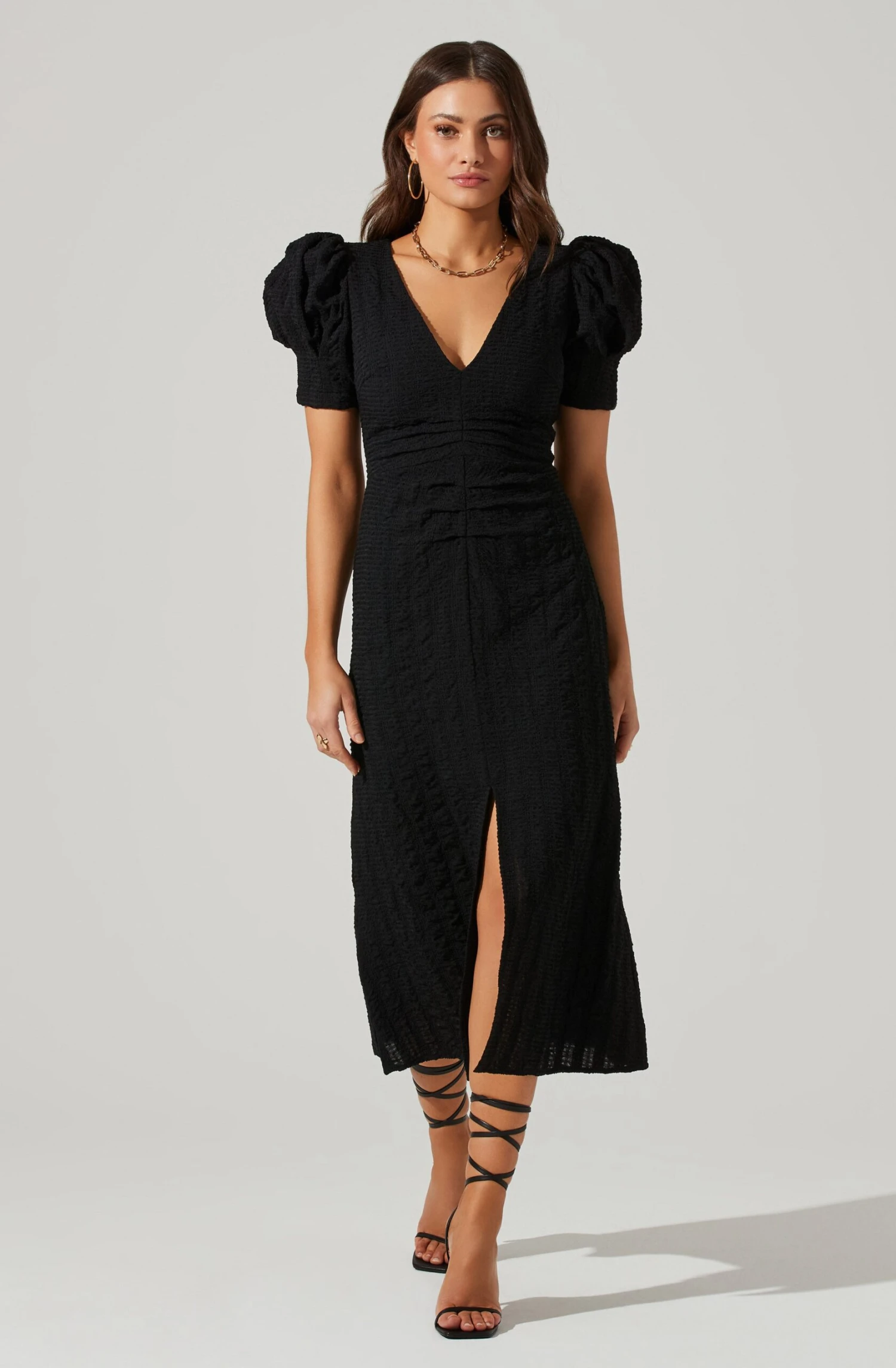 Puff Sleeve V Front Midi Dress 1 Puff Sleeve V Front Midi Dress