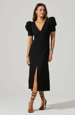 Puff Sleeve V Front Midi Dress 19 Puff Sleeve V Front Midi Dress -Larana Style Shop ADR101559 BLACK 2 scaled