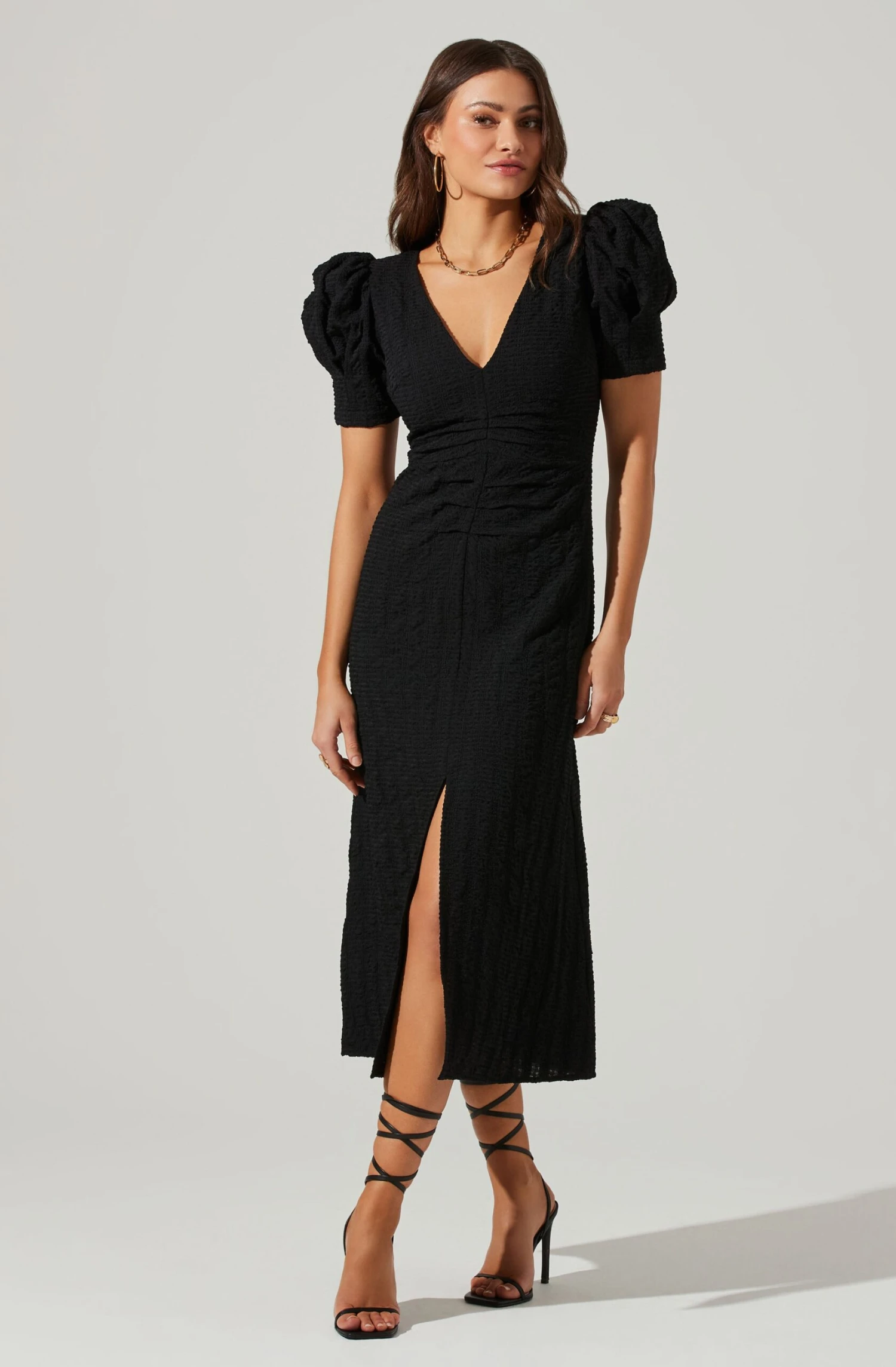 Puff Sleeve V Front Midi Dress 3 Puff Sleeve V Front Midi Dress - Image 3