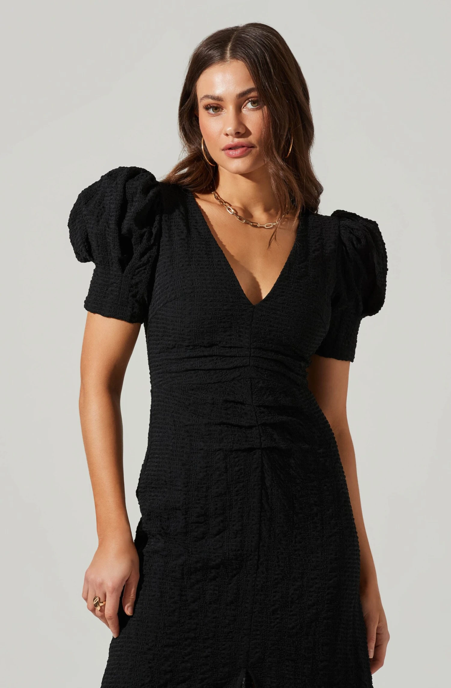 Puff Sleeve V Front Midi Dress 2 Puff Sleeve V Front Midi Dress - Image 2