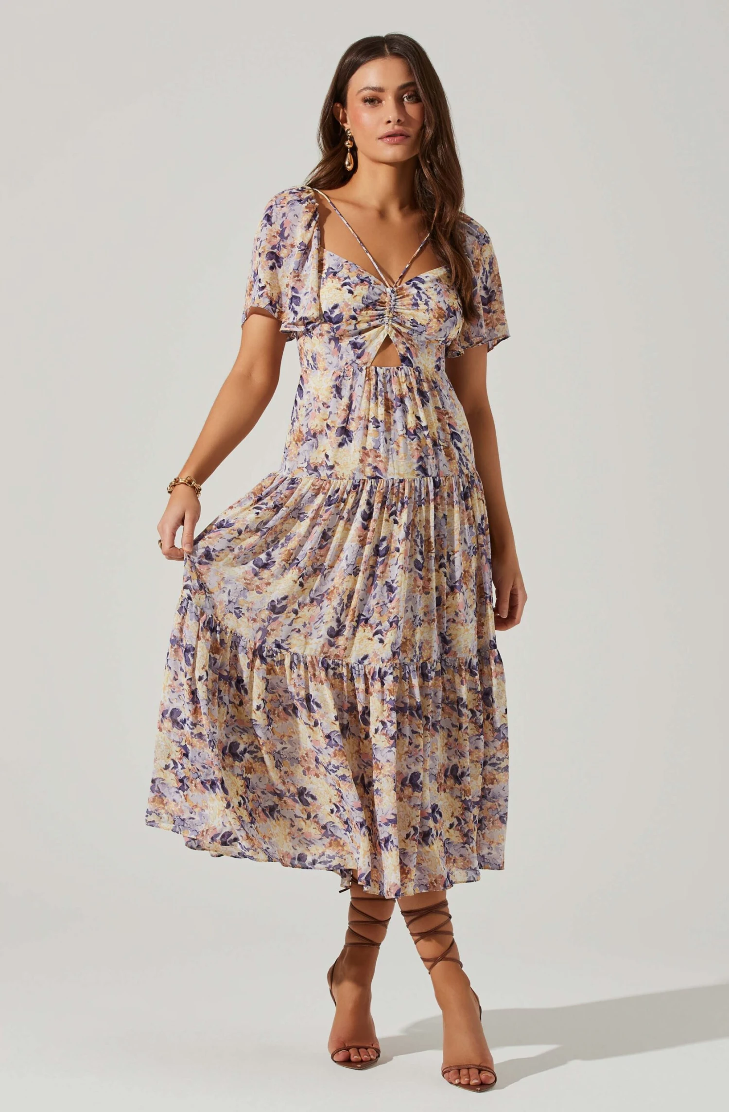 Floral Cinched Bust Cutout Center Midi Dress 1 Floral Cinched Bust Cutout Center Midi Dress