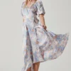 Satin Floral Bubble Sleeve Wrap Midi Dress