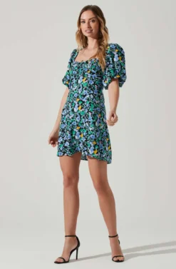 Floral Puff Sleeve Mini Dress -Larana Style Shop ADR101755 PERIWINKLEBLKMULTI 2 scaled