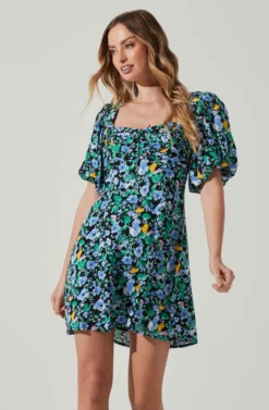 Floral Puff Sleeve Mini Dress -Larana Style Shop ADR101755 PERIWINKLEBLKMULTI 3 scaled