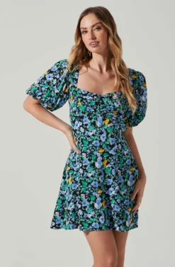 Floral Puff Sleeve Mini Dress -Larana Style Shop ADR101755 PERIWINKLEBLKMULTI 4 scaled