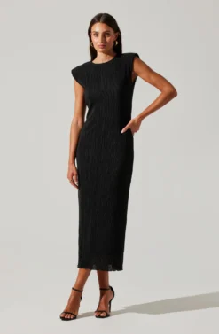 Plisse Straight Neck Midi Dress -Larana Style Shop ADR101830 BLACK 1 scaled