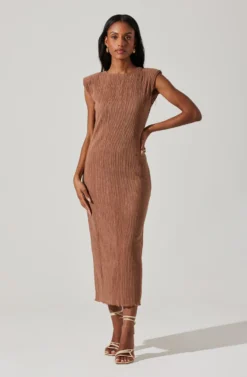 Plisse Straight Neck Midi Dress -Larana Style Shop ADR101830 BROWN 1 scaled