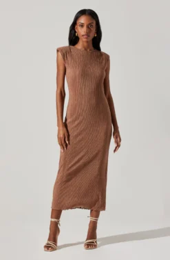 Plisse Straight Neck Midi Dress -Larana Style Shop ADR101830 BROWN 3 scaled