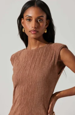 Plisse Straight Neck Midi Dress -Larana Style Shop ADR101830 BROWN 4 scaled