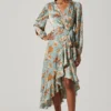 Floral Satin Wrap Long Sleeve Midi Dress