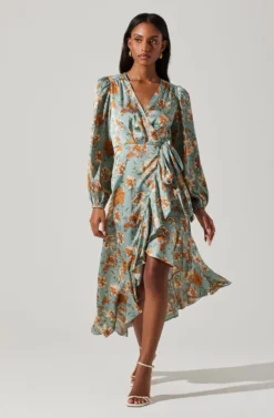 Floral Satin Wrap Long Sleeve Midi Dress -Larana Style Shop ADR101864 DUSTYBLUEMULTIFRL 3 scaled