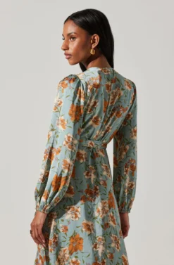 Floral Satin Wrap Long Sleeve Midi Dress -Larana Style Shop ADR101864 DUSTYBLUEMULTIFRL 5 scaled