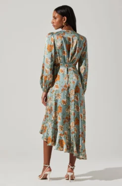 Floral Satin Wrap Long Sleeve Midi Dress -Larana Style Shop ADR101864 DUSTYBLUEMULTIFRL 6 scaled