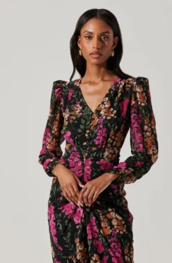 Floral Plunge Ruched Long Sleeve Midi Dress 9 Floral Plunge Ruched Long Sleeve Midi Dress -Larana Style Shop ADR101911 MAGENTAMULTIFRL 2 scaled