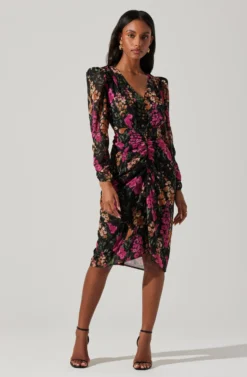 Floral Plunge Ruched Long Sleeve Midi Dress 8 Floral Plunge Ruched Long Sleeve Midi Dress -Larana Style Shop ADR101911 MAGENTAMULTIFRL 3 scaled