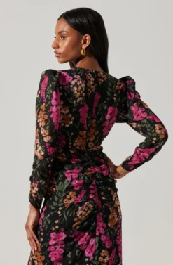 Floral Plunge Ruched Long Sleeve Midi Dress 10 Floral Plunge Ruched Long Sleeve Midi Dress -Larana Style Shop ADR101911 MAGENTAMULTIFRL 5 scaled