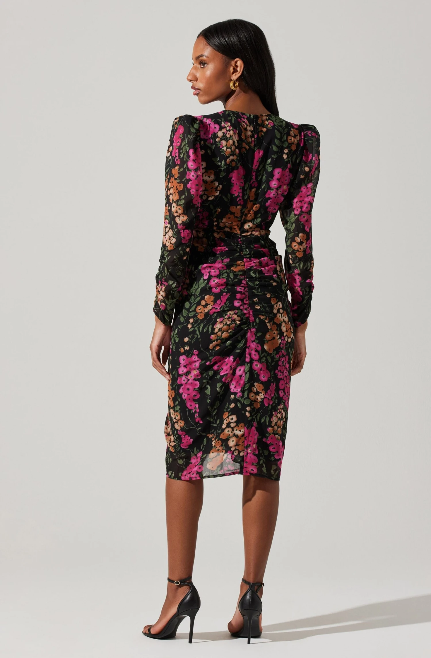 Floral Plunge Ruched Long Sleeve Midi Dress 6 Floral Plunge Ruched Long Sleeve Midi Dress - Image 6