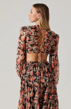 Floral Lace Back Long Sleeve Maxi Dress -Larana Style Shop ADR102039 ORANGEBLACKFLORAL 2 scaled