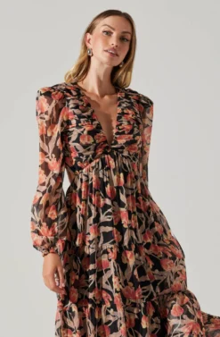 Floral Lace Back Long Sleeve Maxi Dress -Larana Style Shop ADR102039 ORANGEBLACKFLORAL 5 scaled