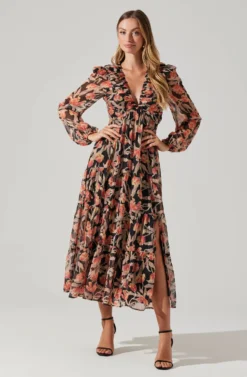 Floral Lace Back Long Sleeve Maxi Dress -Larana Style Shop ADR102039 ORANGEBLACKFLORAL 6 scaled
