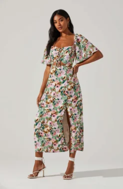 Lace Up Flutter Sleeve Cut Out Midi Dress