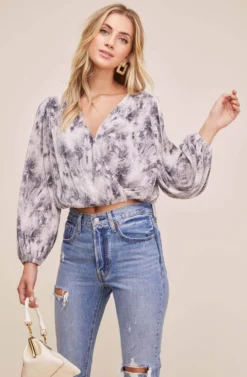 Pleated Surplice Long Sleeve Top